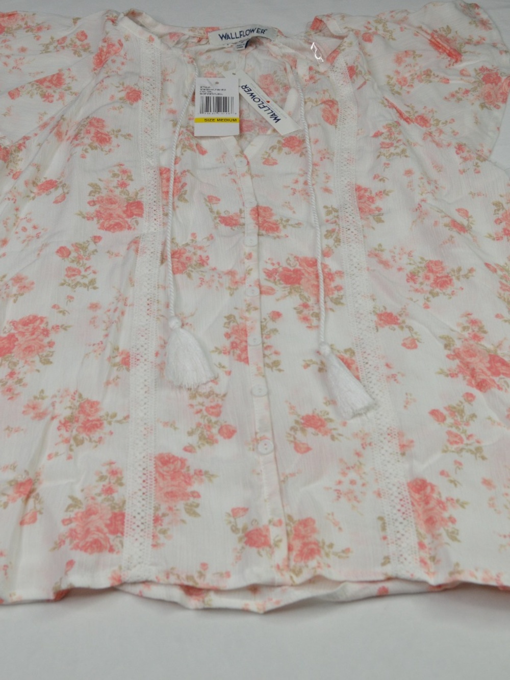 WallFlower Women’s Clara Flutter Sleeve Floral Rayon Gauze Peasant Top Tassels M